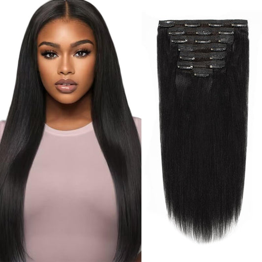 Anrosa Yaki Clip in Hair Extensions Human Hair 10 inch Jet Black Straight Clip ins Real Natural Style for Black Women, 120 Gram 7 Pieces