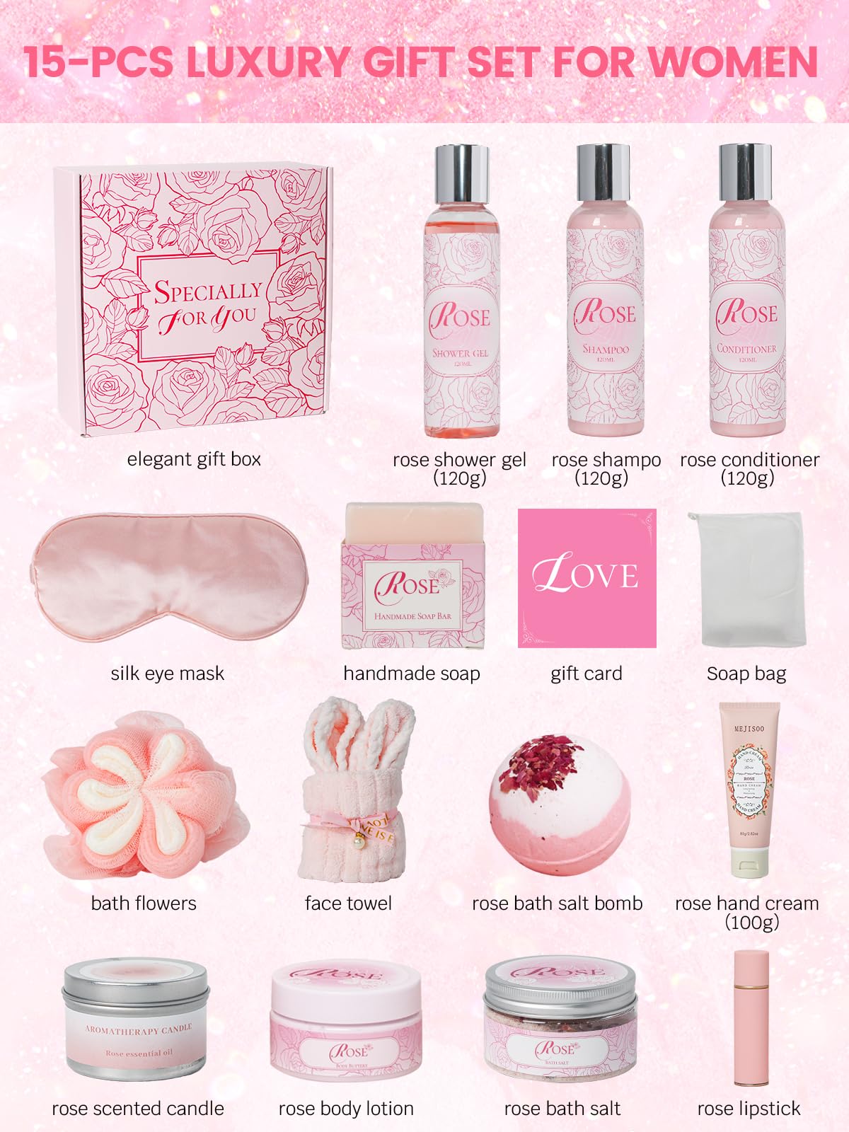 Spa Gifts for Women -15Pcs Self Care Set with Rose Bath & Body Essentials, Mother's Day/Thoughtful Day/Get Well Gifts/Birthday/Christmas/Bridal Shower Gift for Mom, Sister, Wife, Relaxing Home Spa Set