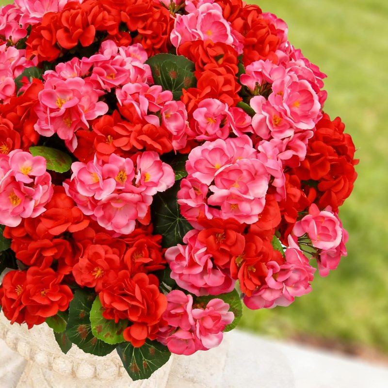 Artificial Geranium Flowers - 8 Bundles UV Resistant Fake Plants | Red & Pink for Outdoor Decor, Home & Garden