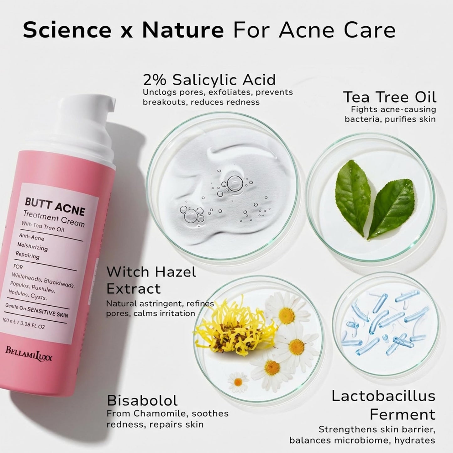 BellamiLuxx Butt Acne Clearing Treatment Lotion: 2% Salicylic Acid Body Acne Treatment for Breakouts on Buttocks & Thighs, Folliculitis, Bumps, Rough Texture - Tea Tree Oil Butt Cream for Smooth Skin