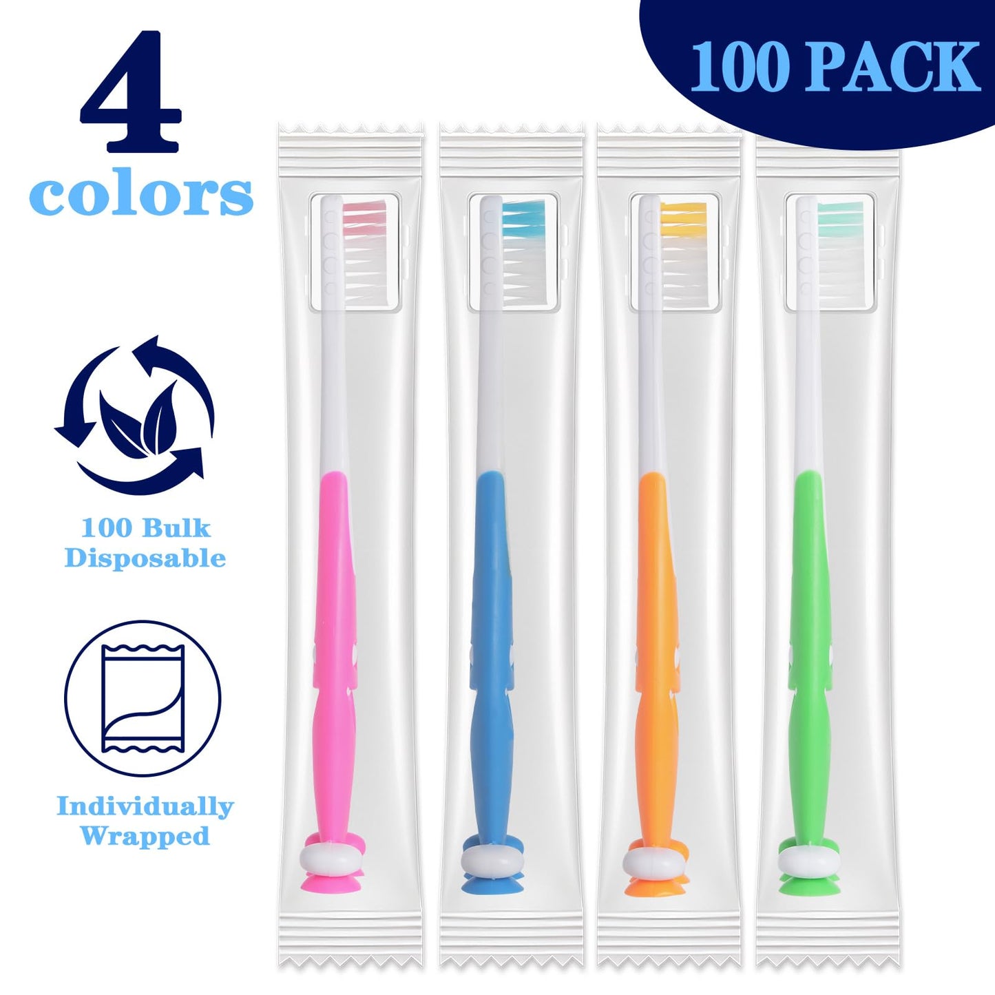 Newday 100 Pack Kids Toothbrush Bulk Soft Bristles Toddler Cute Toothbrush with Suction Cup, Includes Travel Covers, Individually Wrapped Toothbrushes for Kid Home School Daycare Camp (Shark)