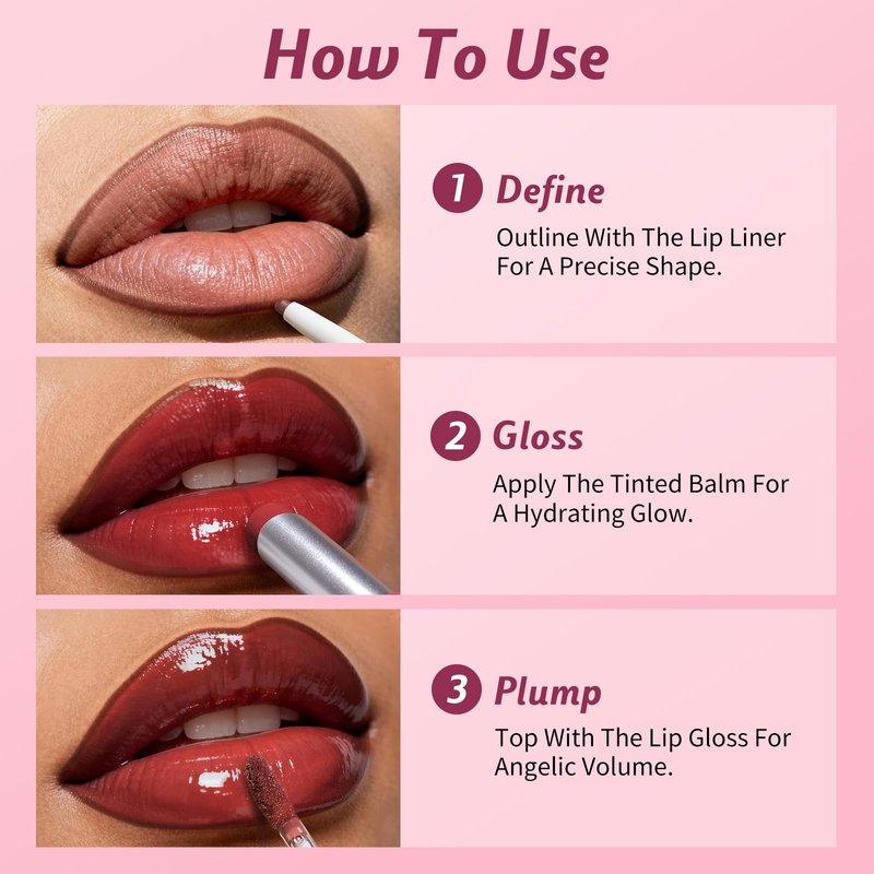 3 Pack Lip Combo Set - Matte Lip Liner Pencil + Hydrating Tinted Lip Balm + Plumping Lip Gloss, Non-Sticky, Long-Lasting, 3-in-1 Lip Makeup Kit for Plump, Hydrated & Glossy Lips (Berry Mousse Set)