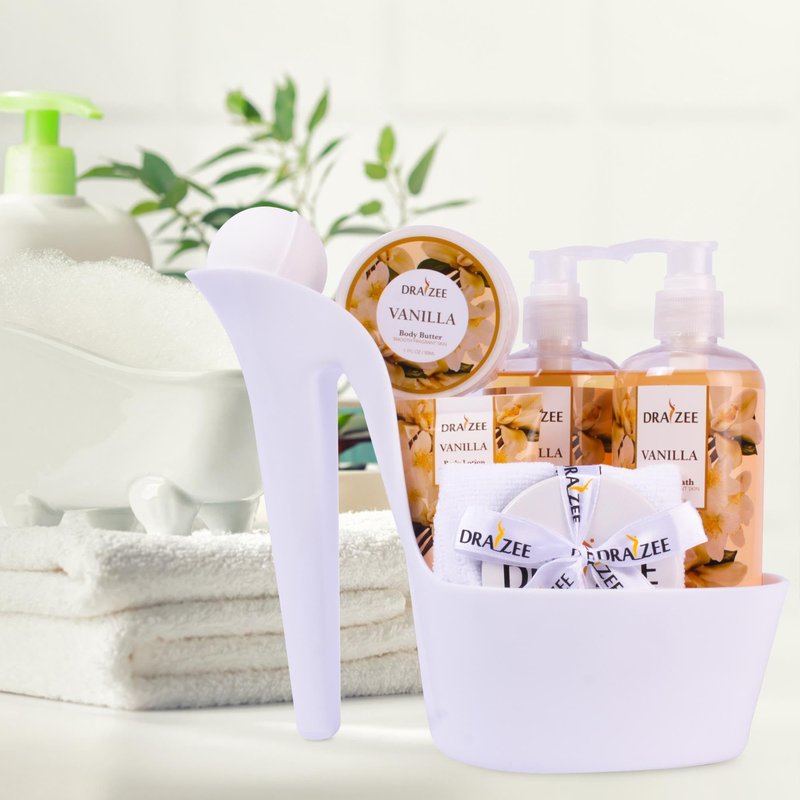 Mother’s Day Gift Baskets for Women, 8 Pc Vanilla Scented Spa Gift Set, Heel Shoe Bath Basket, Luxury Bath and Body Set, Relaxing Self Care Kit for Mom, Home Spa Gift for Her by Draizee