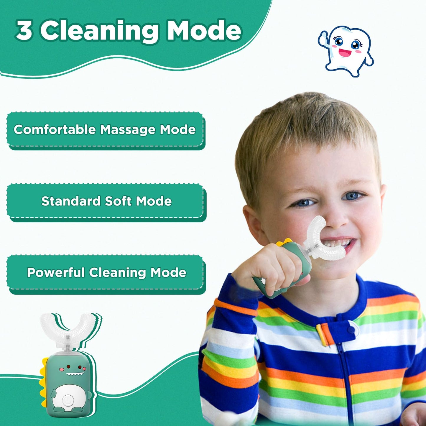 KAQINWX Kids U Shaped Electric Toothbrush for Age 2-12, Rechargeable Toddler Toothbrush with 60S Smart Timer, Dinosaur Design, IPX7 Waterproof & 360°Cleaning,Develop Kids' Brushing Habits