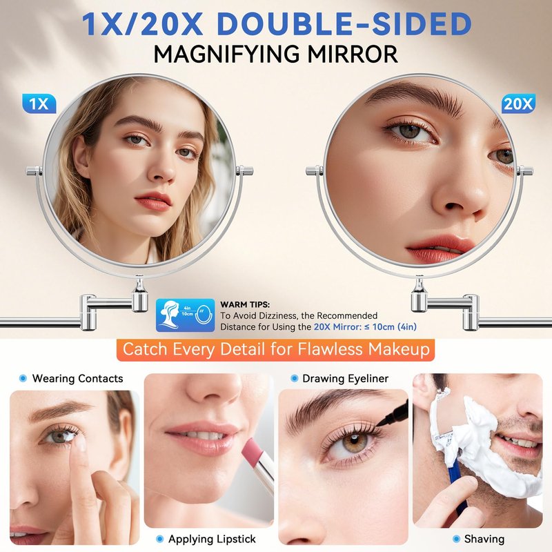 Auxmir 8'' Wall Mounted Makeup Mirror, 1X/20X Double-Sided Magnifying Mirror with Tweezer, HD Bathroom Makeup Mirror, Cosmetic Vanity Mirror with 360 Rotation Extendable Swivel Arm, Chrome