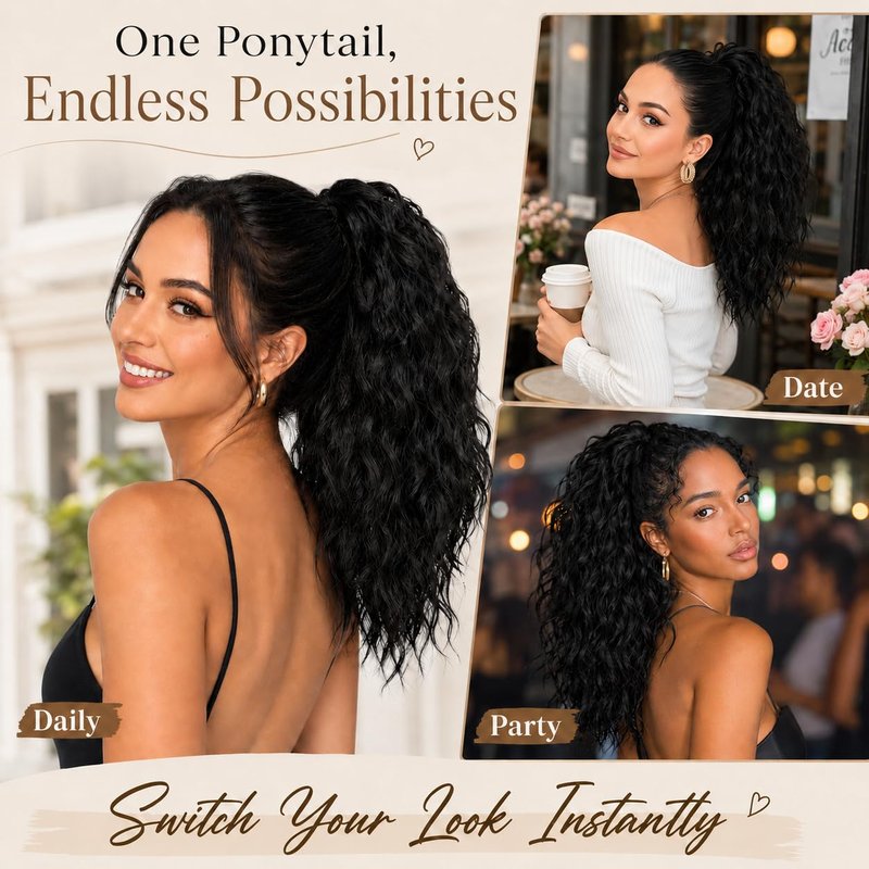 Claw Clip Ponytail Extension - Black Wavy Layered Fluffy Hairpiece for Women | Synthetic Clip-On Ponytail