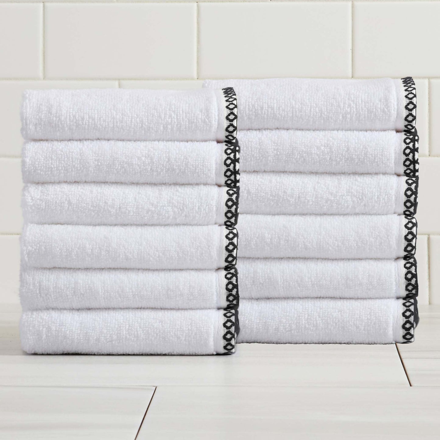 Great Bay Home Black/White Washcloth Set - Ultra-Soft Cotton, Boho-Chic Border Design - 12 Washcloths (13" x 13") - Absorbent, Quick-Dry, Lightweight Bathroom Towels