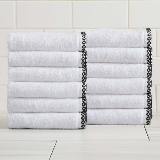 Great Bay Home Black/White Washcloth Set - Ultra-Soft Cotton, Boho-Chic Border Design - 12 Washcloths (13" x 13") - Absorbent, Quick-Dry, Lightweight Bathroom Towels