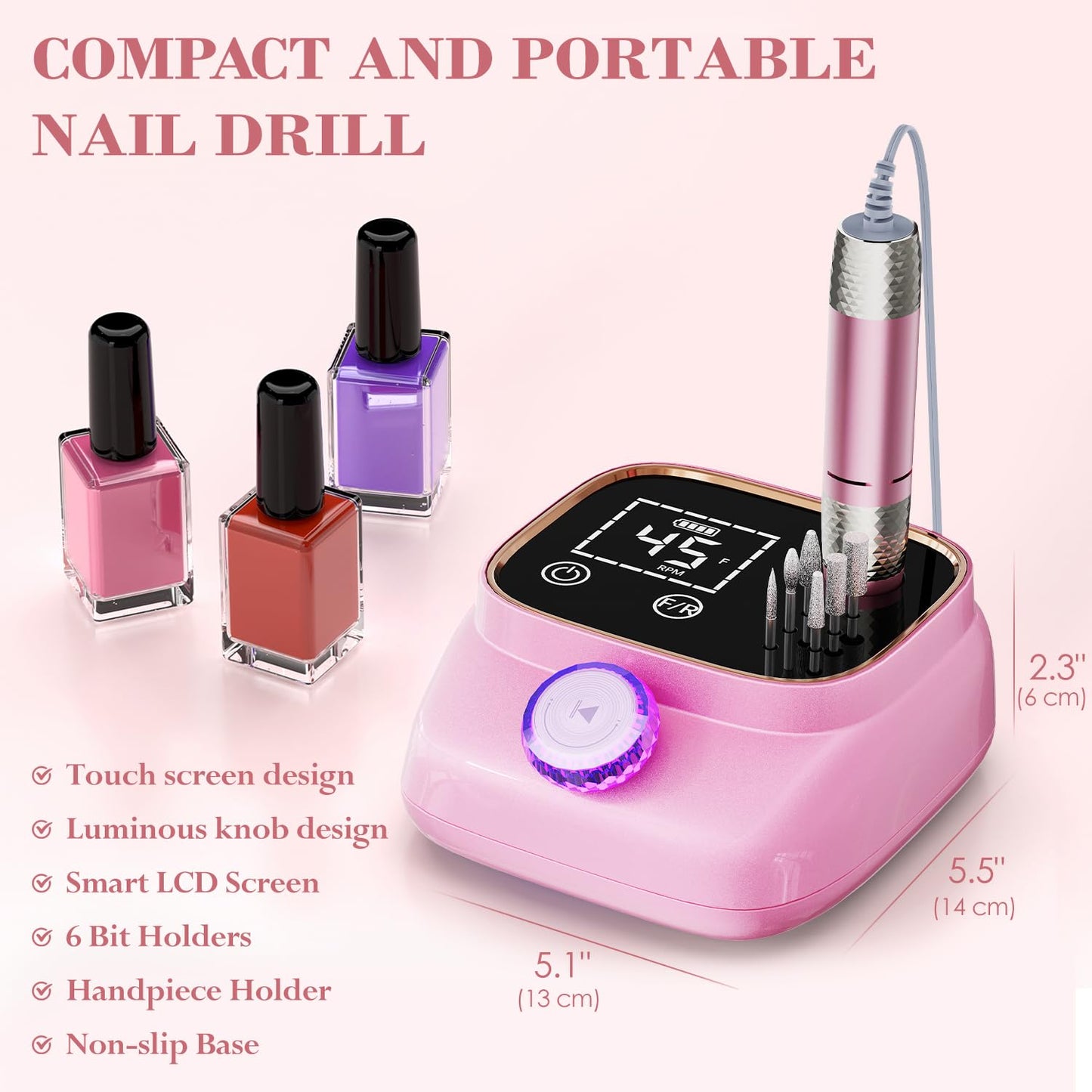 ANBEISTEE Electric Nail Drill 45000 RPM, Professional Rechargeable Nail File Kit, Nail Drill Machine, Nail Grinder, Acrylic Nail Kit for Any Manicure, Pedicure, Gel Polishing Removing, Pink