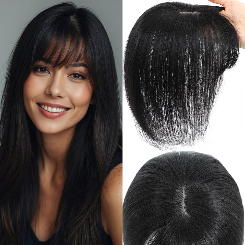 Real Human Hair Toppers for Women - 3D Clip-In Bangs with Natural Scalp Line | 1B Color, 5x9 Size