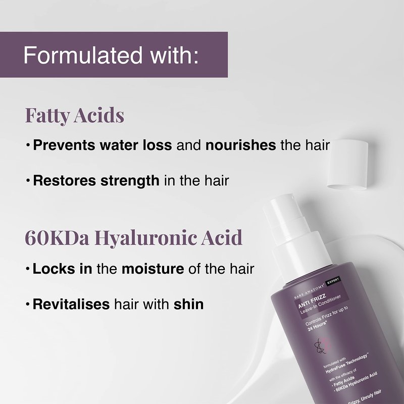 Bare Anatomy Anti Frizz Leave In Conditioner | Deep Conditioned Frizz Controlled Hair For 24 hrs | For Dry & Frizzy Hair | For Women and Men | Get Smoother, Healthy & Glossy Hair | 150ml