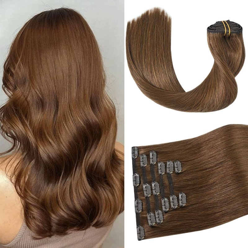 Aison Light Brown Hair Extensions Clip in Real Human Hair 75G 100% Remy Human Hair Clip in Extensions for Women 7pcs 16clips18 Inch