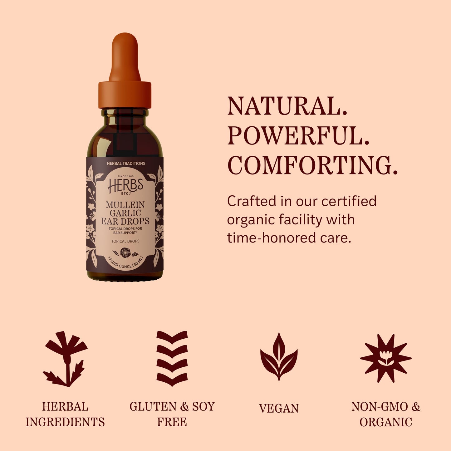 Herbs Etc. Mullein Garlic Ear Drops - Comfort Blend to Soothe Ear Irritation - Fast-Acting Drops - Garlic & Mullein - Gluten-Free, Organic & Vegan - 1 fl oz