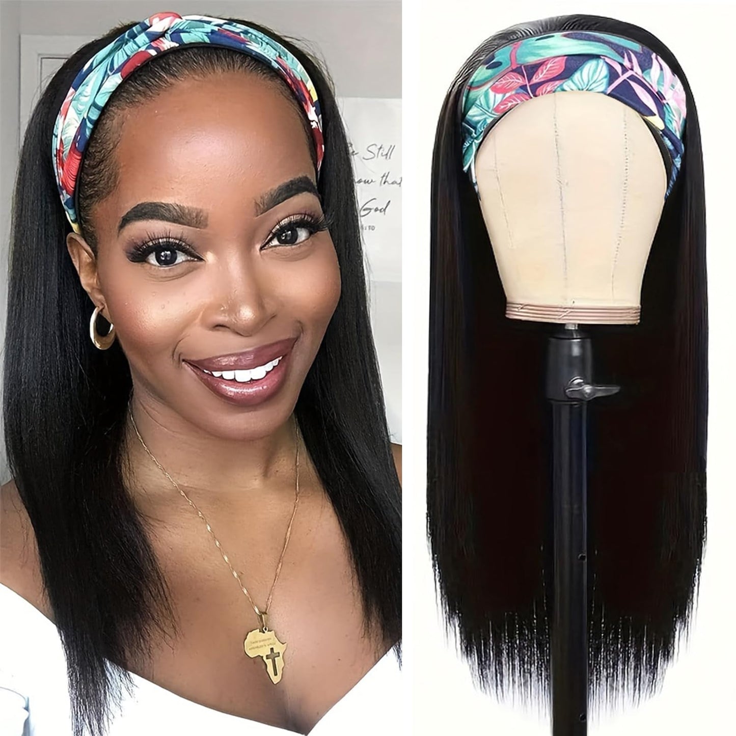 Coshgirl Straight Headband Wig Human Hair Headband Half Wigs Machine Made Glueless None Lace Front Wig Brazilian Virgin Hair Headband Wigs for Black Women150% Density Natural Color 14 Inch