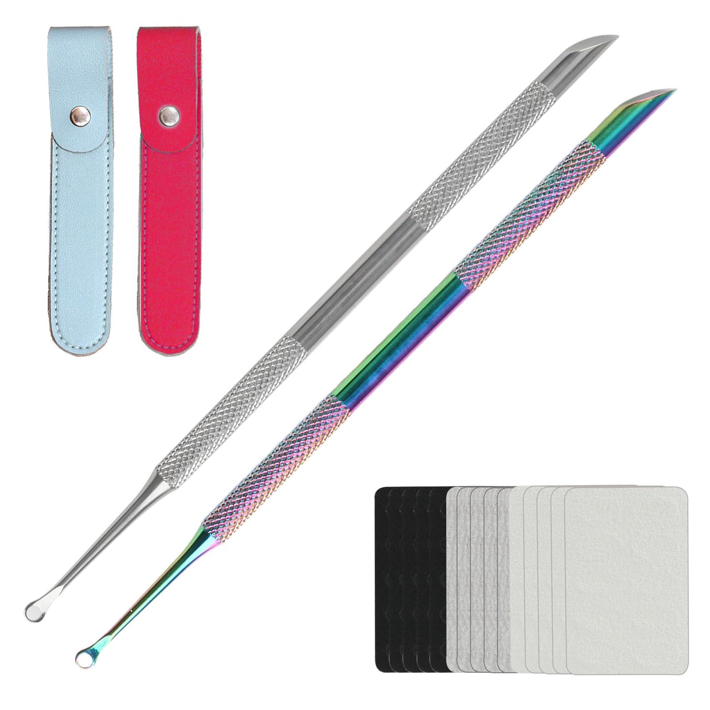 TNJPSEK 2 Pack Professional Nail Polish Around Cuticle Remover Tools, Pre-treatment Cuticle Pusher with 15 Sheets 100/180/240 Grit Sandpaper, Dual-Ended Russian Nail Polish for Manicure Pedicure Salon