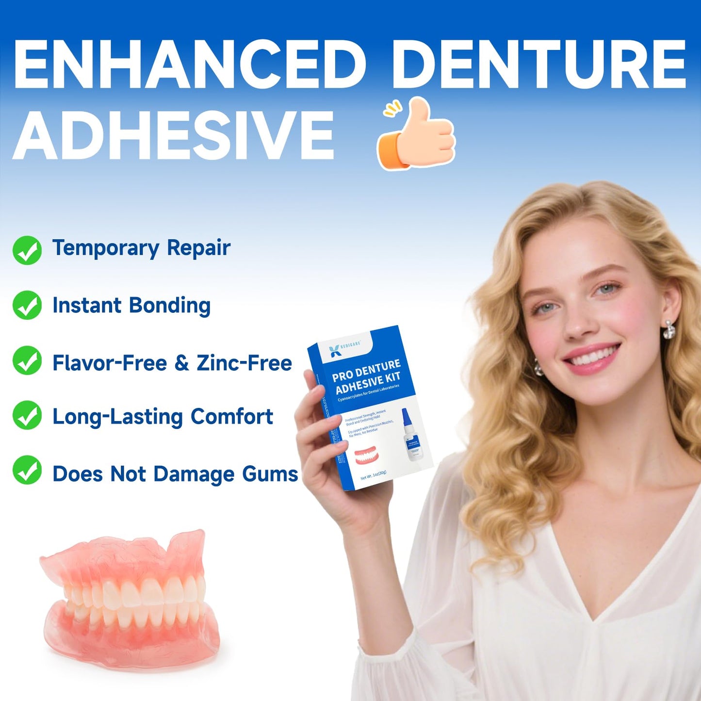 Dental Lab Denture Repair Adhesive Kit, 1oz Instant Bonding Denture Glue for Repairs Cracks, Fills Gaps, Secures Loose Teeth, Safe Bonding with No Irritating Odor