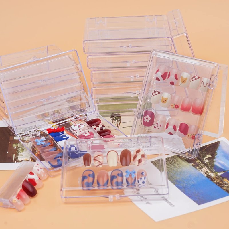 Lokyango Press On Nail Storage Box, 3.9x2.9x0.7 inch Clear Empty Press On Nail Packing Box Artificial Nail Display Organizer Case with Transparent Tape Nail Tips Display Holder (Box Only) (24PCS)