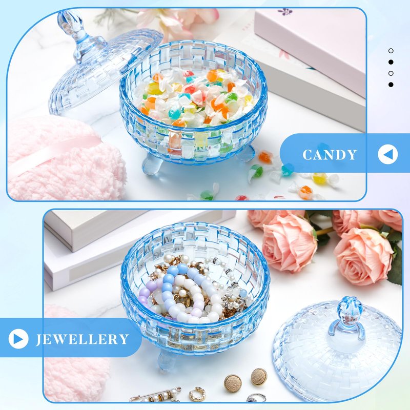 Tioncy 2 Pcs Extra Large Dusting Powder Puff and Container for Women-6'' Glass Crystal Dusting Powder Container with Body Soft Washable Reusable Velour Face(Blue,Weave Design)