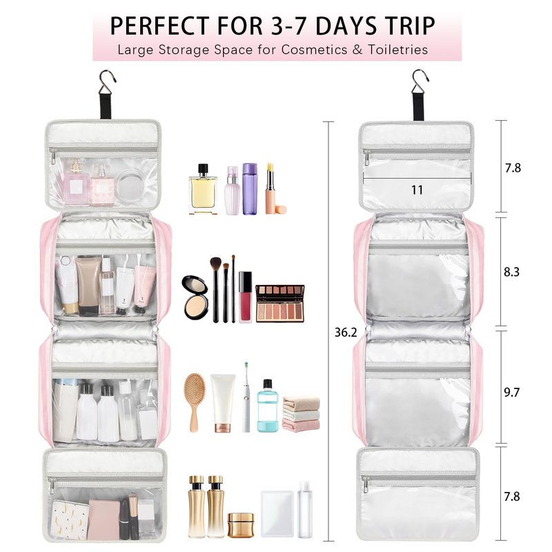 Bosidu Hanging Travel Toiletry Bag for Women, Portable Toiletry Bag for Travel Size Essentials, Water-resistant Large Travel Makeup Bag with Hook for Toiletries, Cosmetics, Travel Accessories