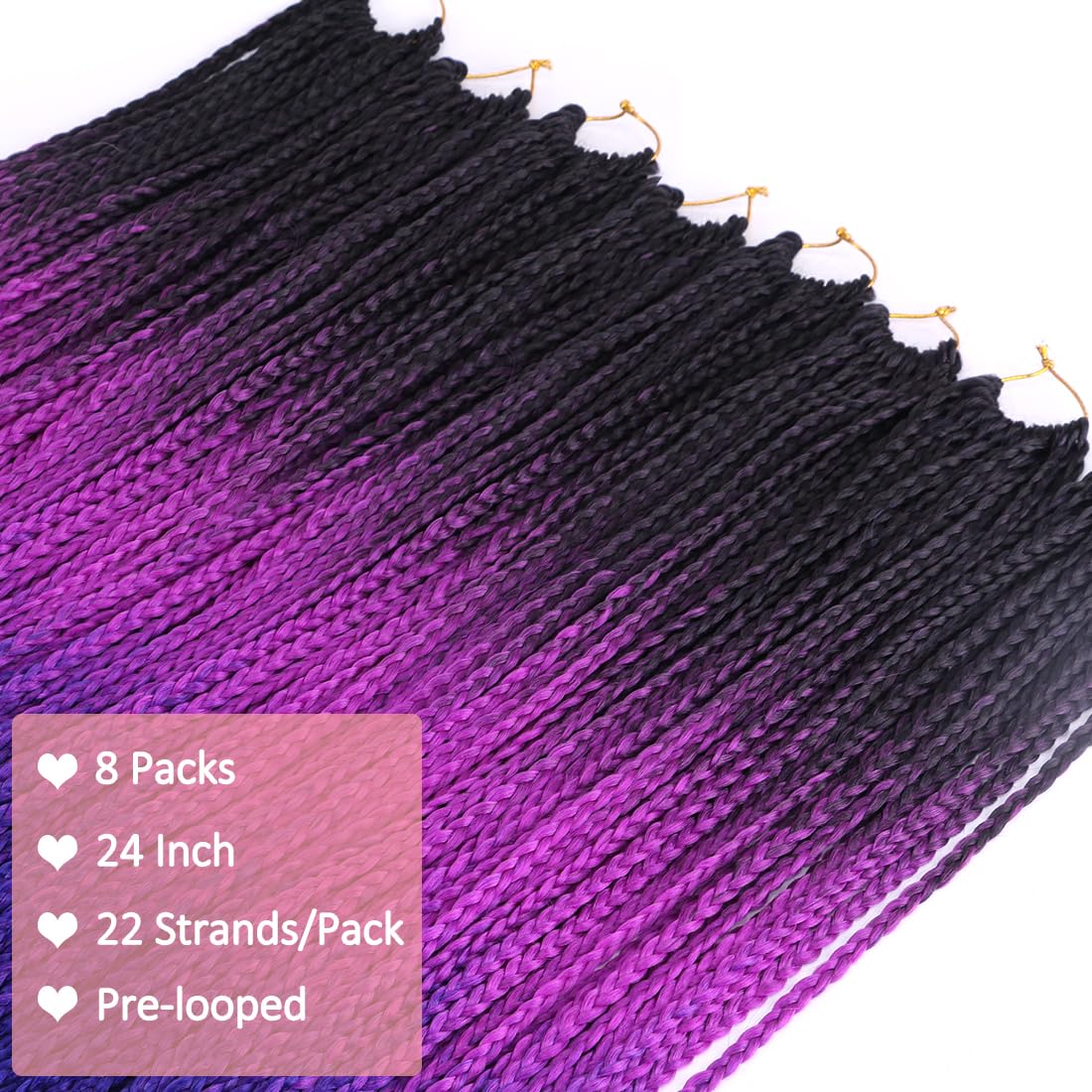 8 Packs Goddess Crochet Box Braids Hair 24Inch Pre looped Box Braids Crochet Hair for Black Women Ombre Purple Blue Striaght Knotless Box Braided Freetress Braiding Hair(Black/Purple/Blue#)