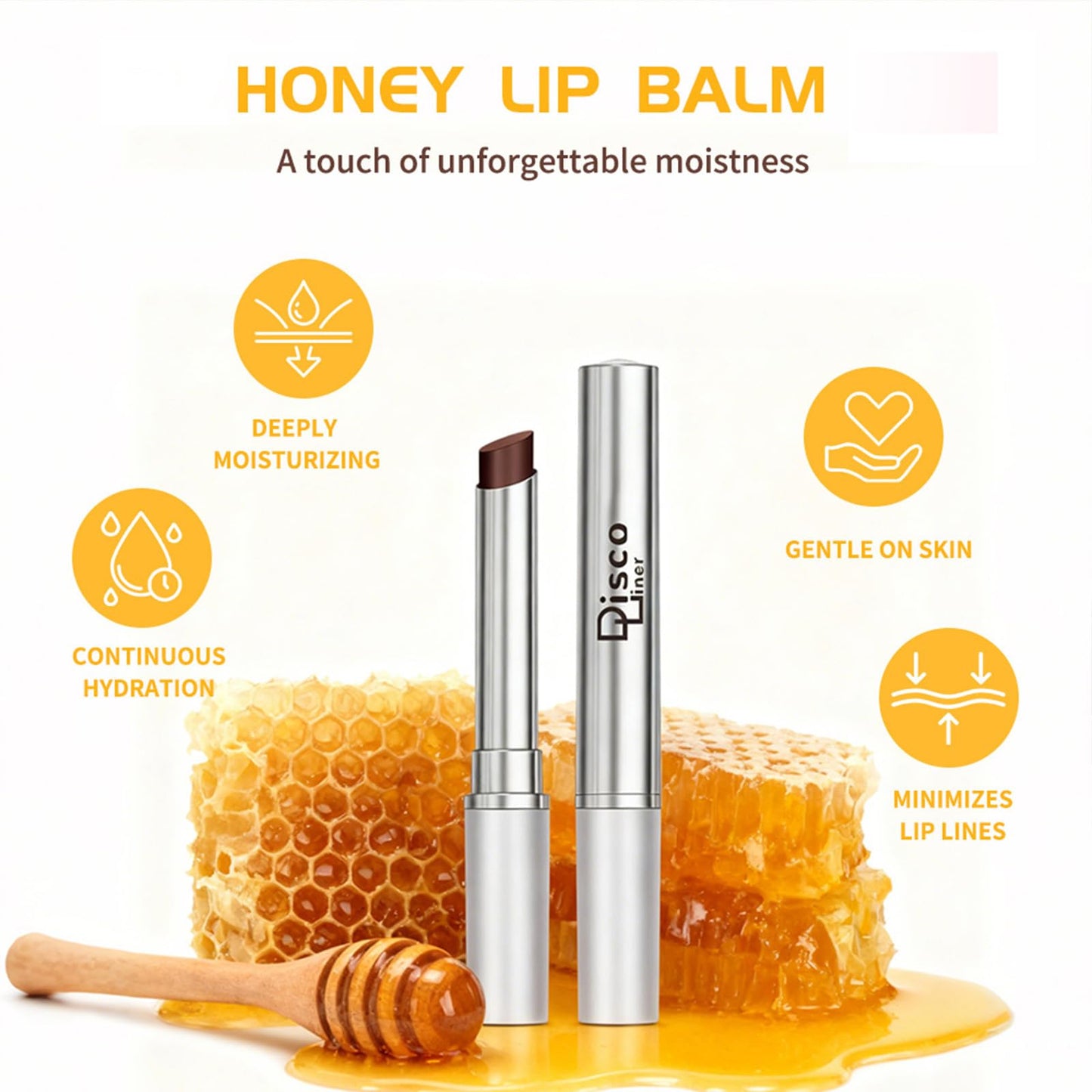 Discoliner Honey Lipstick Lip Tinted Lip Balm, Creamy Texture Nourishing Moisturizing Deep to Sheer Pigment Emollient, Enriched Lipstick Enhances Natural Color, Smooth Application Seamless Blend