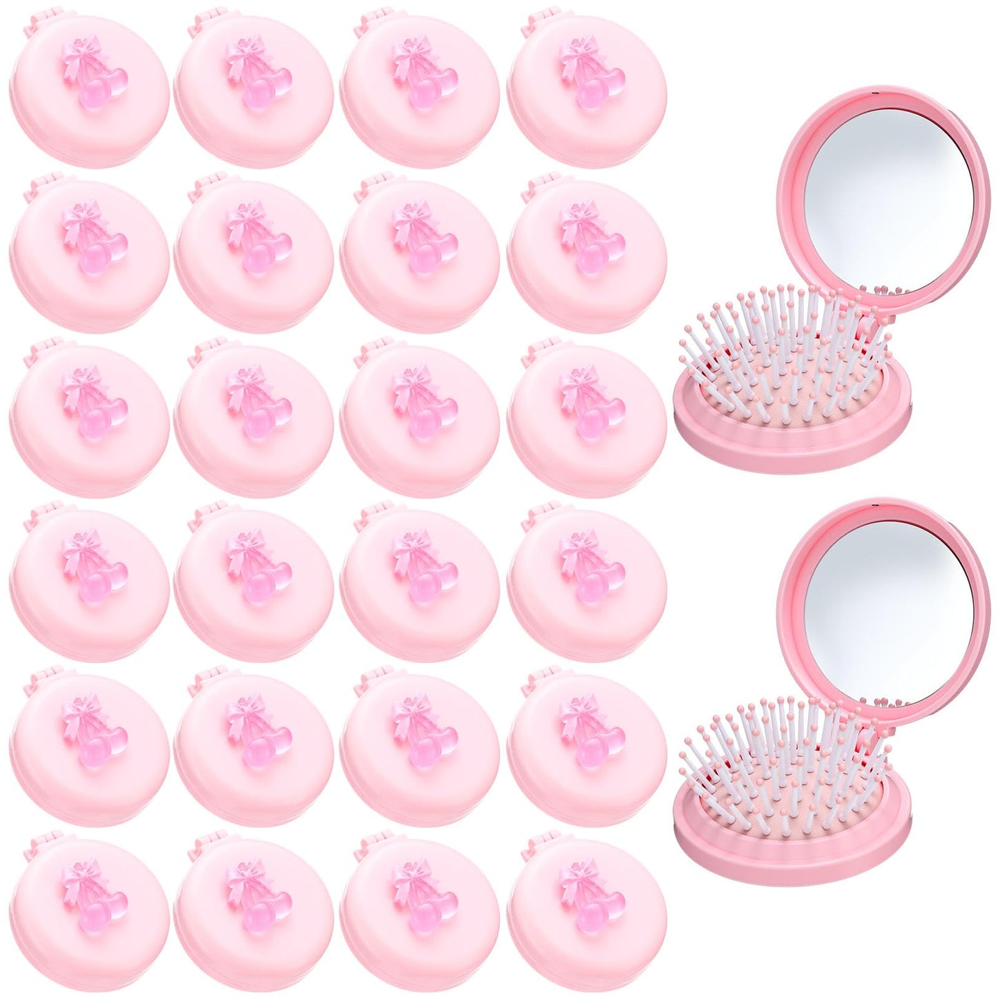 LemonRoad 24 Pack Foldable Travel Mirror Hair Brushes, Mini Mirror Comb, Round Portable Folding Pocket Hairbrush, Compact Small Size Massage Comb, Coquette Bow Party Favor for Women (Pink)