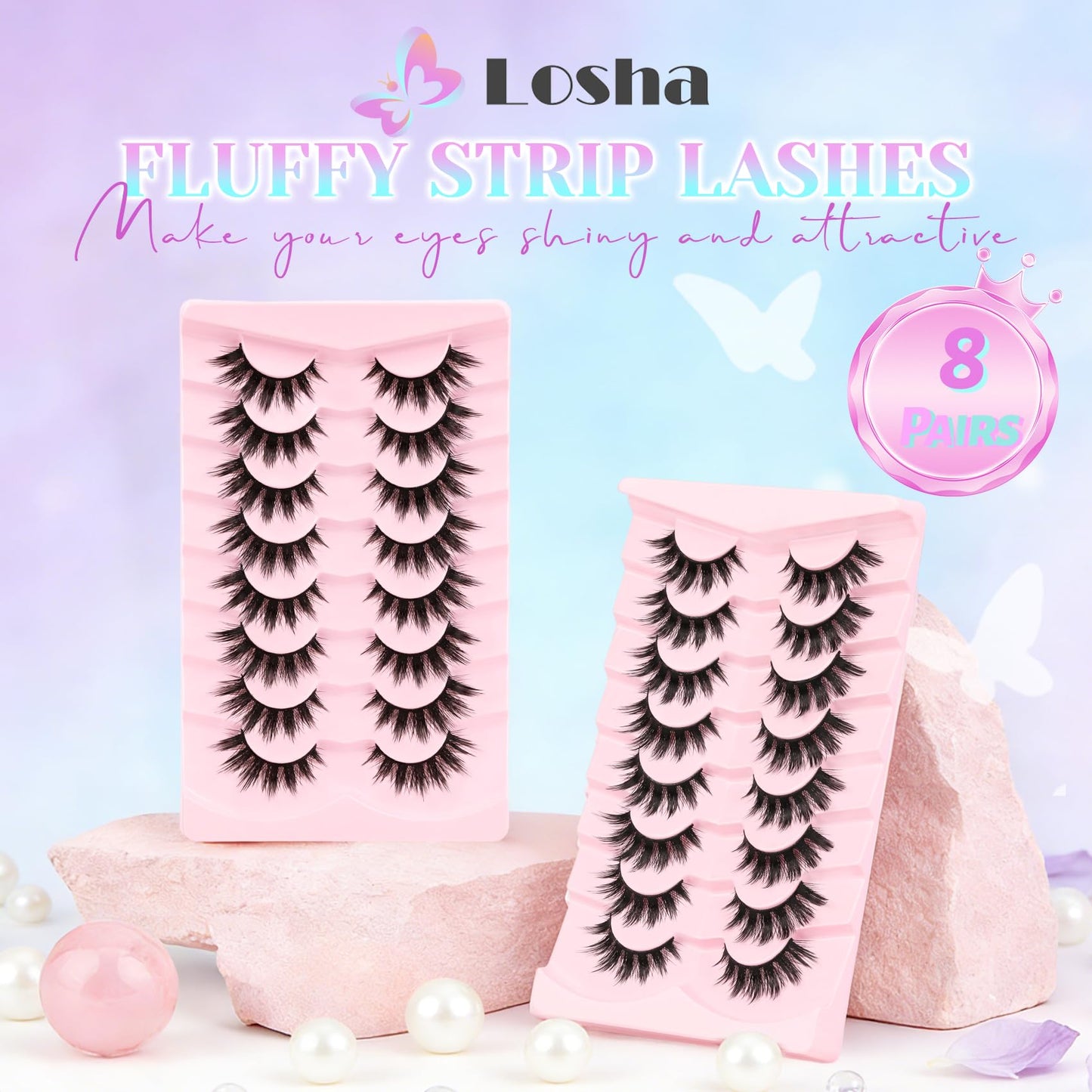 Losha Lashes Fluffy Manga Lashes 8D Volume Spiky Anime False Eyelashes 8 Pairs Soft Asian Eye Lashes Pack (Pop)