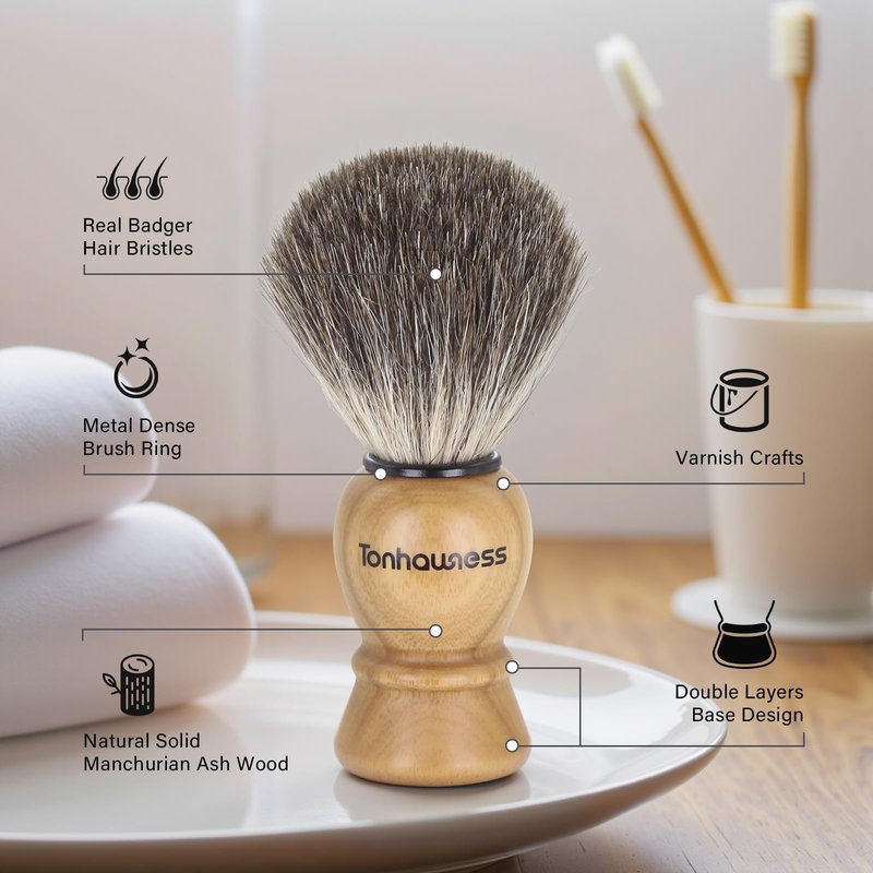 Shaving Brush Kit For Men, 4 In 1 Shaving Brushes Set Includes Badger Hair Shaving Brush, Wood Bowl, Stainless Steel Shaving Stand and Goat Milk Shaving Soap