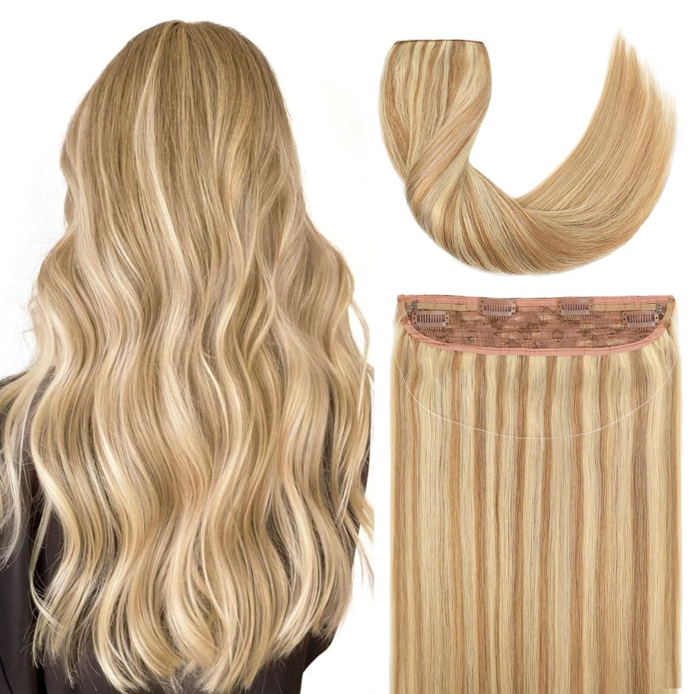 Invisible Wire Hair Extensions - 12 Inch 70G Real Human Hair | Light Blonde Highlighted Clip-Ins, 100% Remy Quality