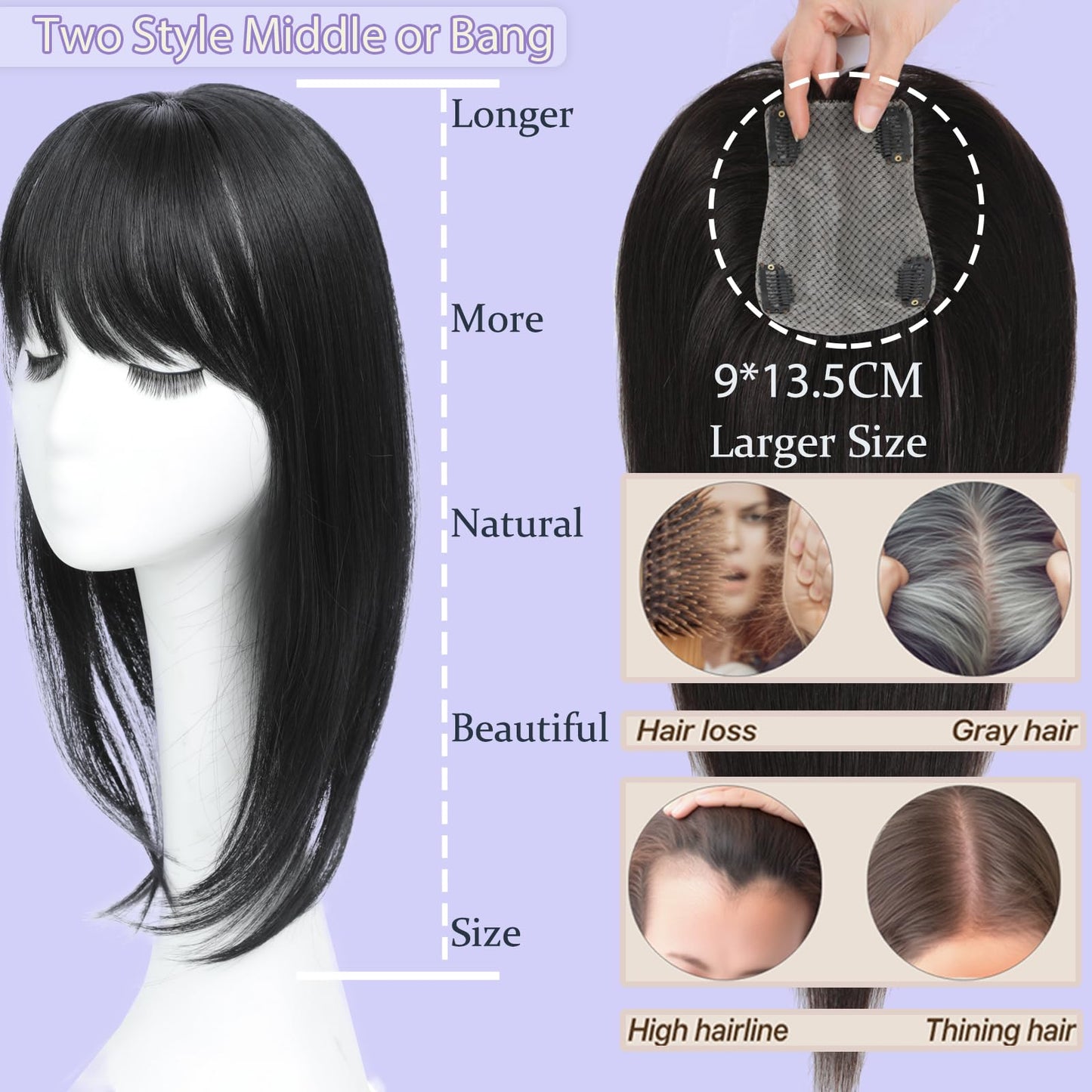 RMYHIG Hair Topper, 360° 3D Hair Toppers for Women with Thinning, 18 Inch Long Pieces for Women Clip in Wispy or Side Bangs(Dark Brown with High lights, 3D Wispy Bangs)