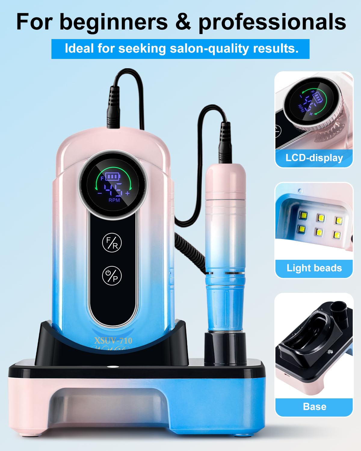 Professional Electric Nail Drill Kit - 45000RPM Cordless Rechargeable Efile for Acrylic & Gel Nails | Gradient Blue