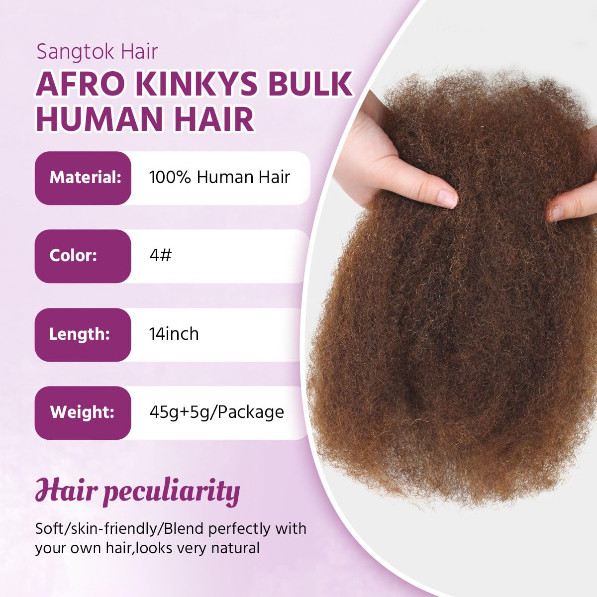 Sangtok Afro Kinky-Curly Human Hair Bulk for Twists, 18 Inch 50g Bulk Hair for Dreadlock Extensions Repair Locs Braiding, 100% 4C Human Bundles Hair(Black)