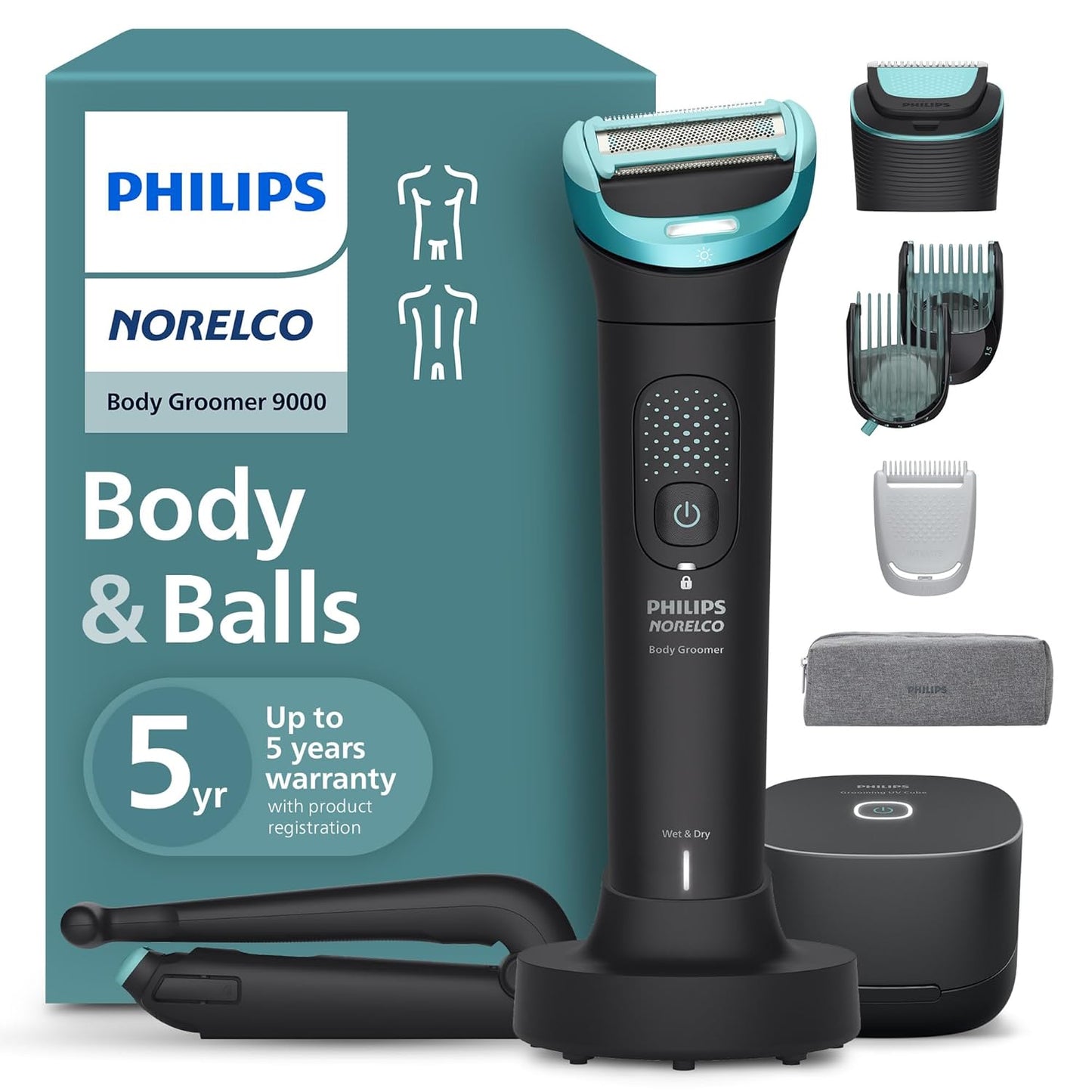 Philips Norelco Body Groomer 9000 Series - Men's Body Hair Trimmer & Intimate Shaver | Showerproof, Adjustable Back Attachment, BG9480/50