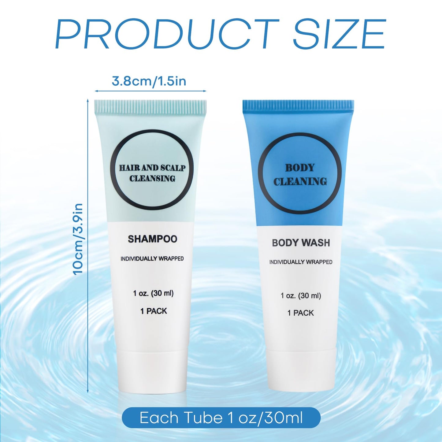 RSQAZQ Travel Size Shampoo and Body Wash Bulk, Individually Wrapped Hotel Mini Shower Gel and Small Men Women Cleansing Toiletries Amenities for Hotel/Vacation/Homeless 1 oz (3.7inch, Count, 100)
