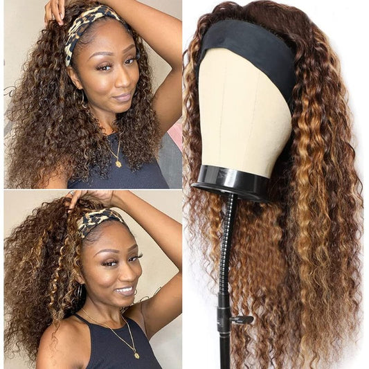 Rebasar Highlight Brown Deep Wave Wigs 10 Inch Ombre Curly Headband Wigs Human Hair Wigs for Black Women Human Hair Deep Curly Short Glueless Wear and Go Wigs Colored 4/27#