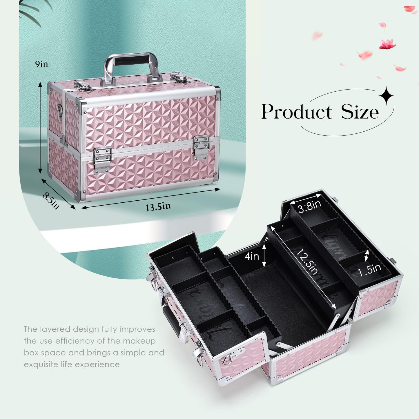 Joligrace Makeup Train Case Professional Cosmetic Organizer Aluminum Storage Box with 4 Adjustable Dividers Trays Lockable Portablewith Shoulder Strap - Neutral Pink