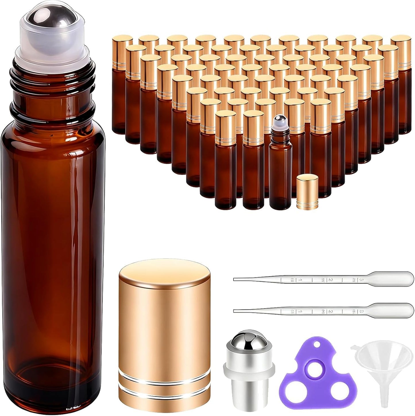 PrettyCare 60 Pack, 10 ml Essential Oil Roller Bottles with Stainless Steel Roller Ball - Bulk Refillable Leak-proof Empty Thick Amber Glass Roll on Bottles with Metal Caps for Travel, Perfume