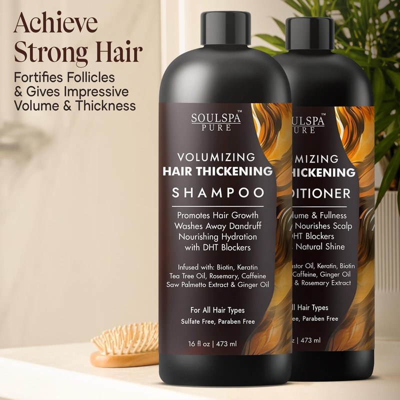 SOULSPA PURE Thickening Shampoo and Conditioner Set - Volumizing Formula with DHT Blockers, Biotin, Keratin, Caffeine & Saw Palmetto - Hair Thickening for Men & Women - Made in USA - 16 fl oz Each