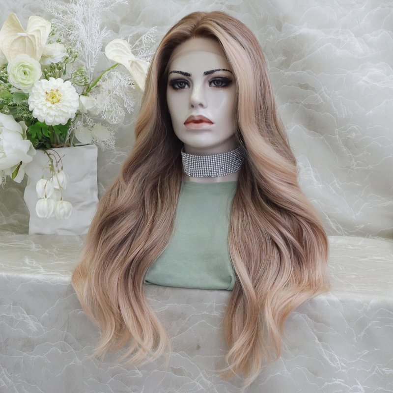 IMSTYLE Kristy Pre Plucked Strawberry Blonde Piece Glue Less Lace Front Wigs, 26inches T Part Synthetic Body Wavy Wig for Women Daily Cosplay