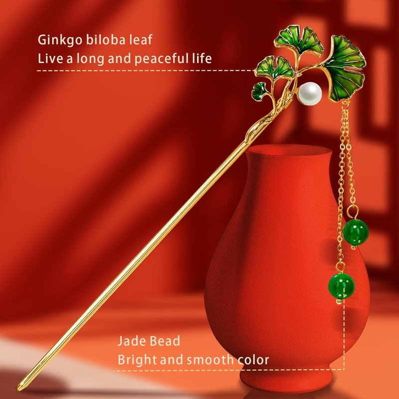 Vintage Ginkgo Leaf Hair Stick - 14k Gold Plated Copper with Enamel & Jade Beads | 6.69-Inch Hair Clip for Women