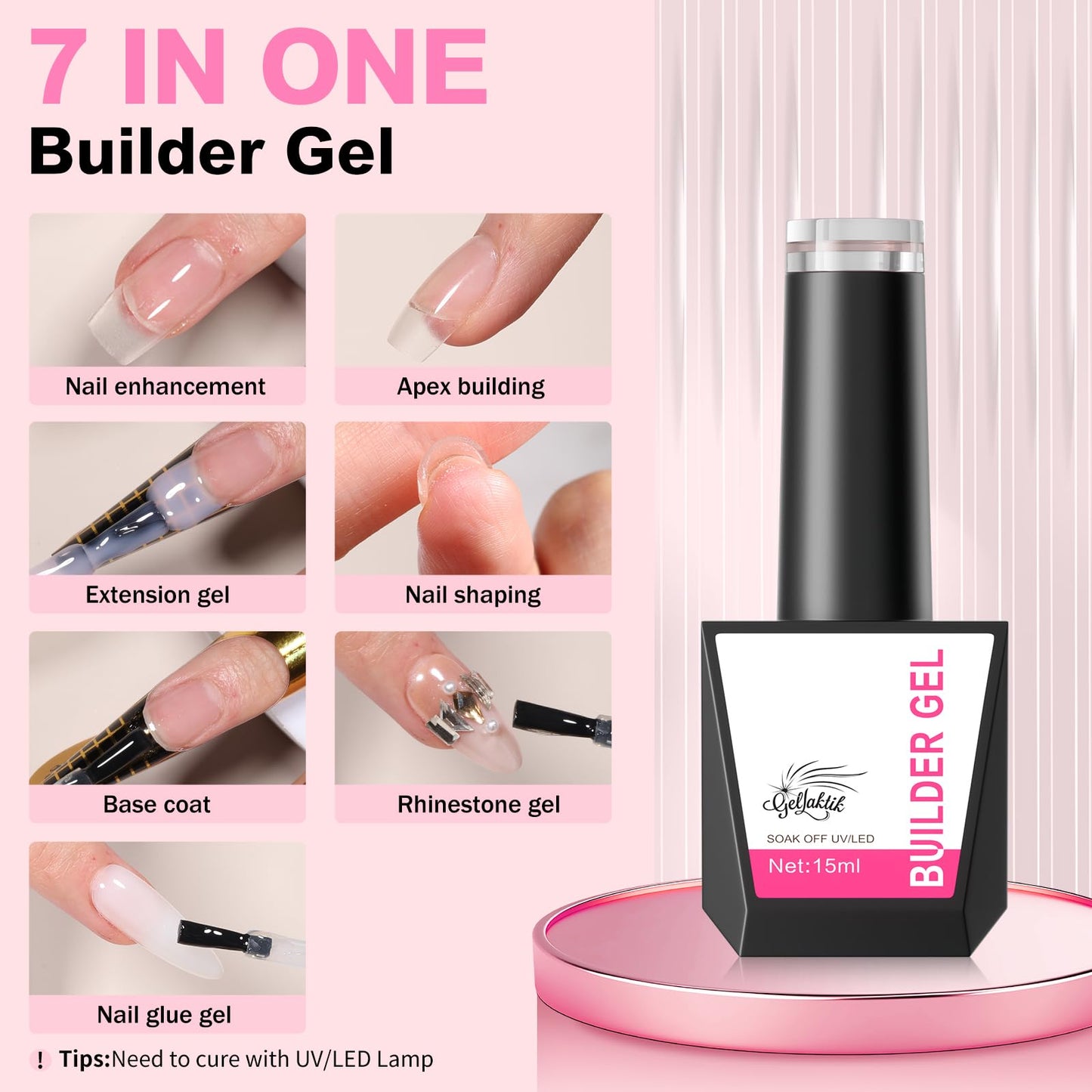 GELLAKTIK Builder Gel for Nails, 15ml 7 in 1 Builder Gel Nail Polish, LED Lamp Cured for Clear Rubber Base & Strengthener Extensions, Thickening, Repair, Salon-Quality DIY Manicure (Pink)
