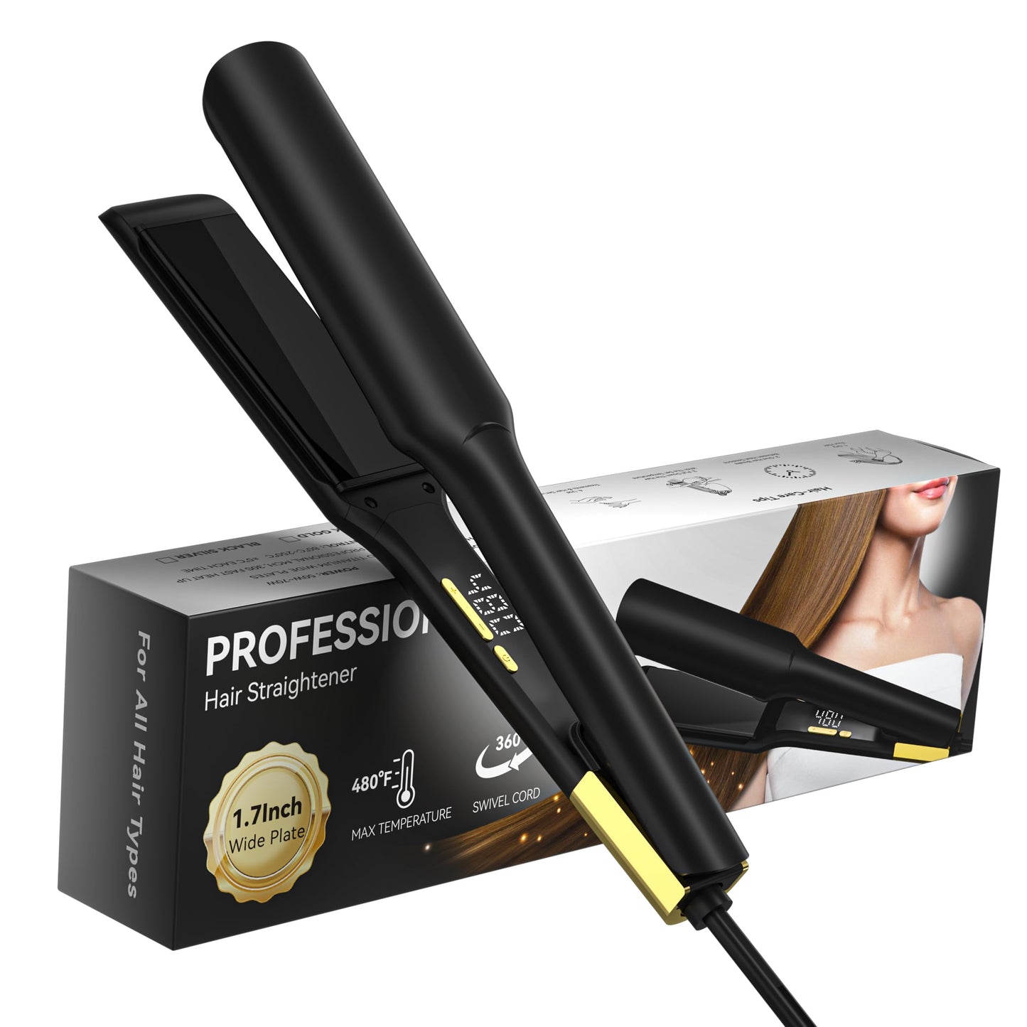 UKLISS MCH Heating Hair Straightener 2 in 1, 1.75 Inch Wide Plates, 170℉ to 480℉ Wide Temperature Range, 30-Second Fast Heat Up, Reduces Heat Damage (Black)
