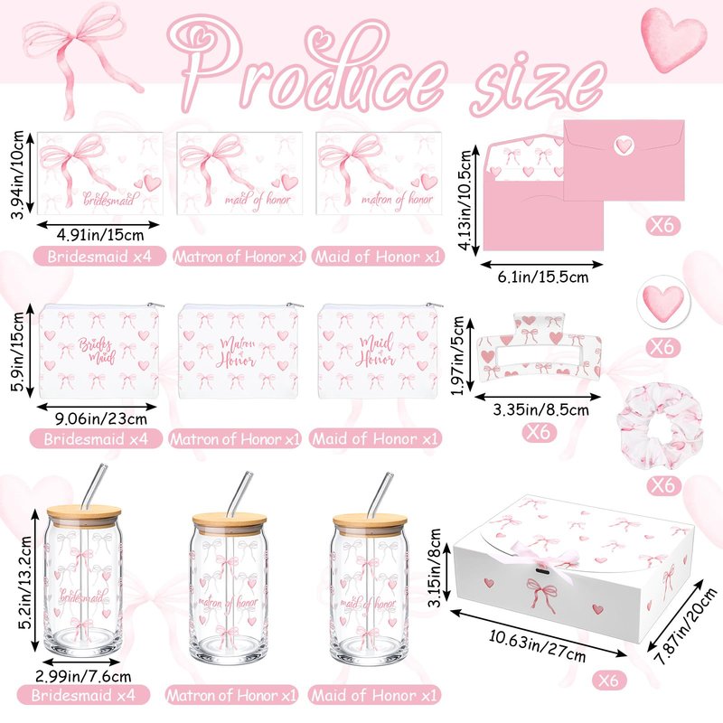 Meanplan 48 Pcs Bridesmaid Proposal Gift Box Set Bridal Shower Favor Wedding Bride Bachelorette Party Return Gift, Glass Cup Cosmetic Bag Scrunchies Hairpin Invited Card Envelope (Matron of Honor)