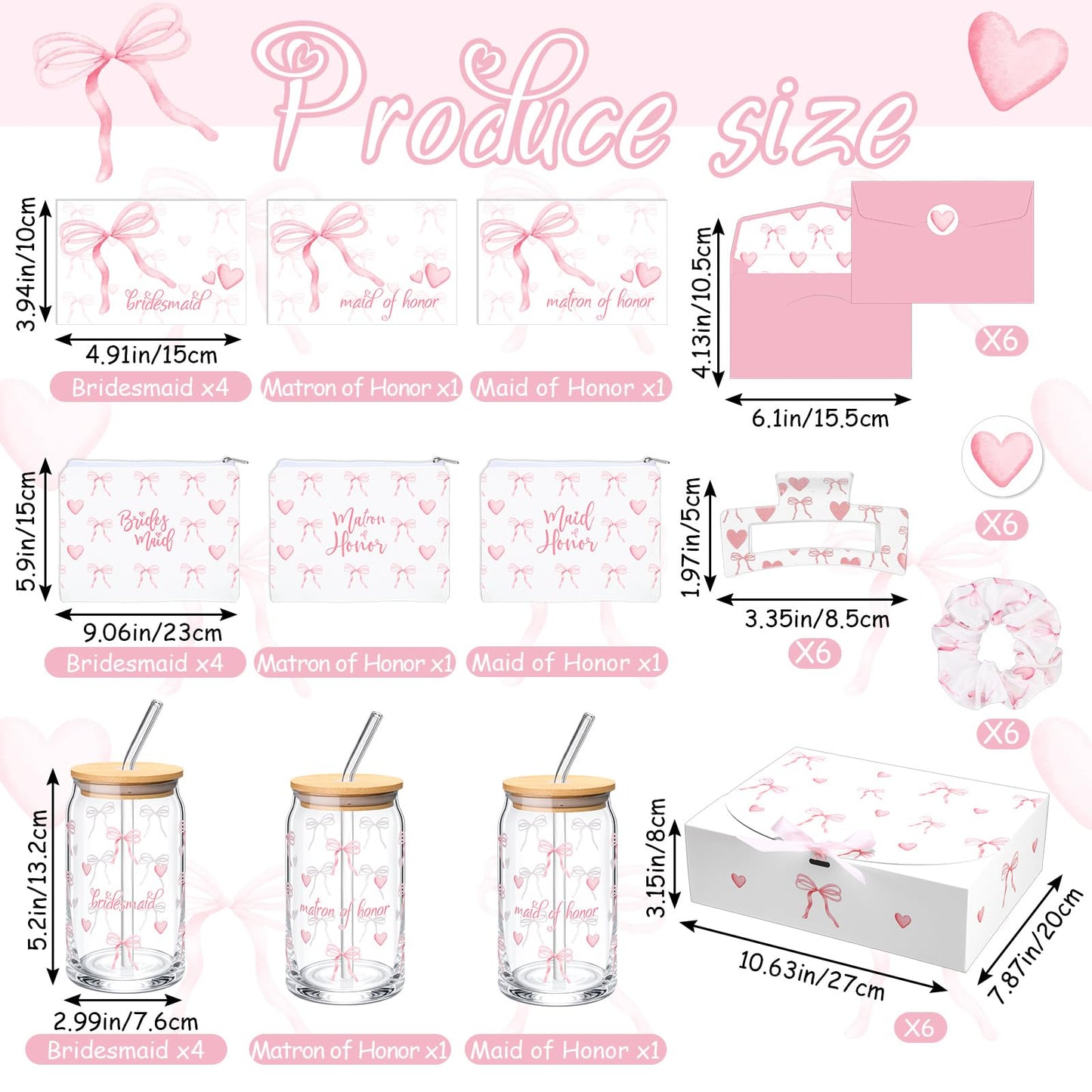 Meanplan 48 Pcs Bridesmaid Proposal Gift Box Set Bridal Shower Favor Wedding Bride Bachelorette Party Return Gift, Glass Cup Cosmetic Bag Scrunchies Hairpin Invited Card Envelope (Matron of Honor)