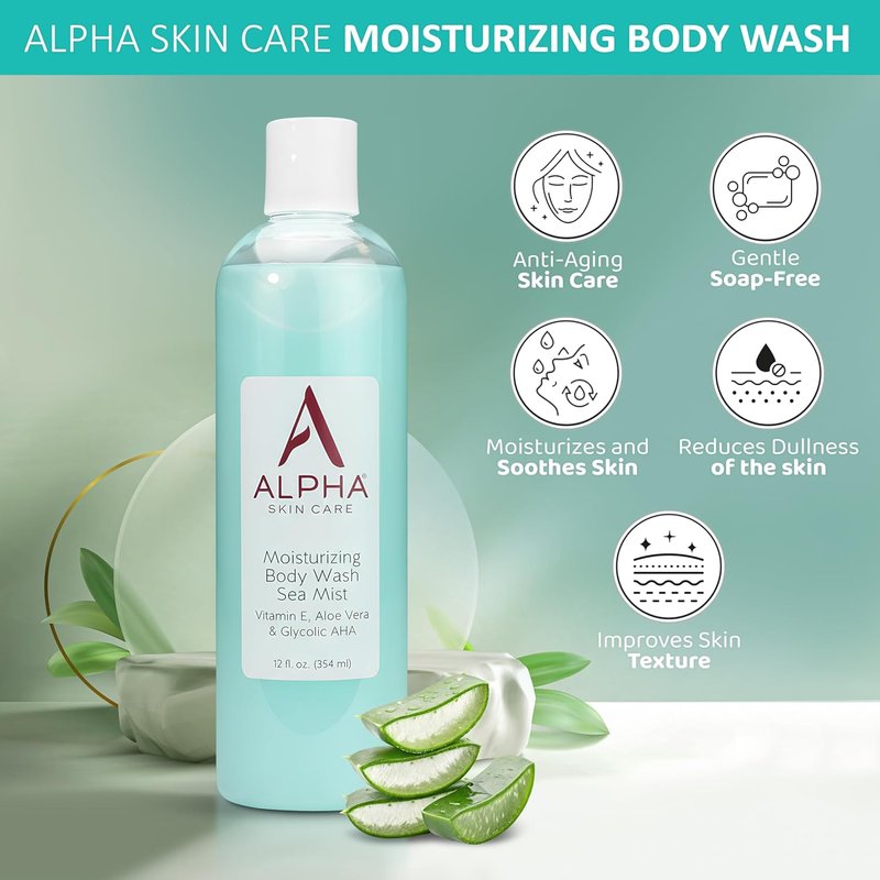 Alpha Skin Care Moisturizing Body Wash - Gentle Anti-Aging Formula with Glycolic AHA & Aloe Vera | 12 Oz