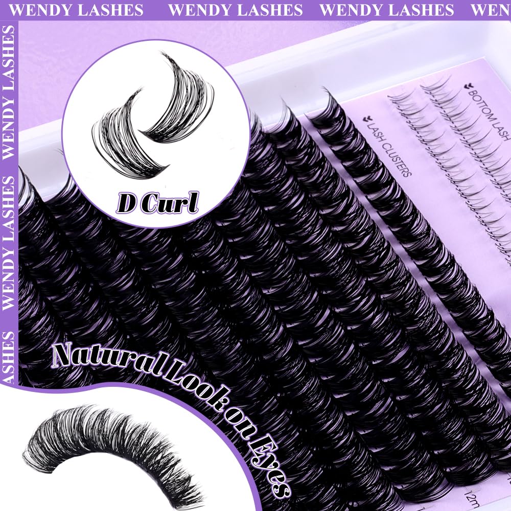 WENDY LASHES 50D Natural Lash Clusters with Bottom lashes 249PCS Individual Eyelash Extensions Reusable False Eyelashes Mix 10-16mm D-Curly Lash Extension at Home