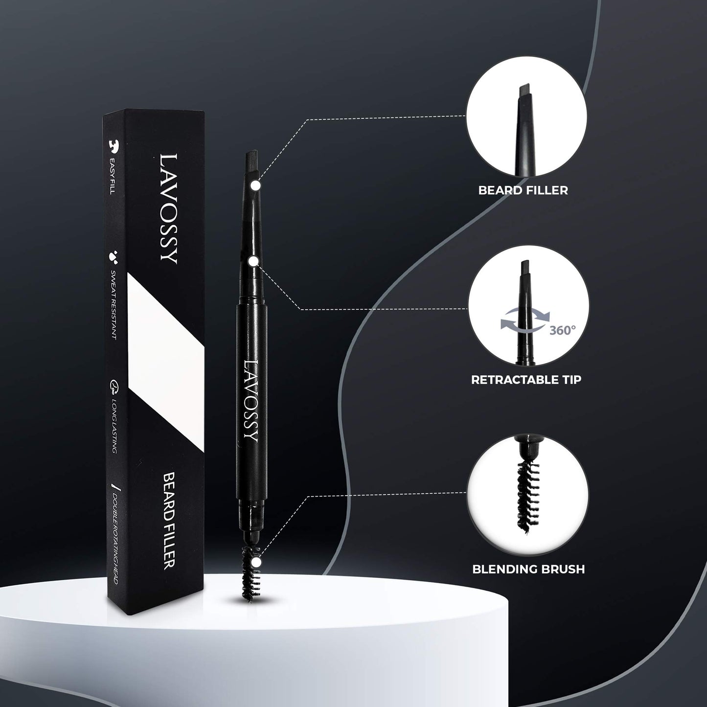 LAVOSSY Beard Pencil Filler for Men - Black, Pack of 3 - Long Lasting and Easy to Use with Blending Brush, Water/Sweat Proof, Fills Patchy Beard, Moneyback Promise
