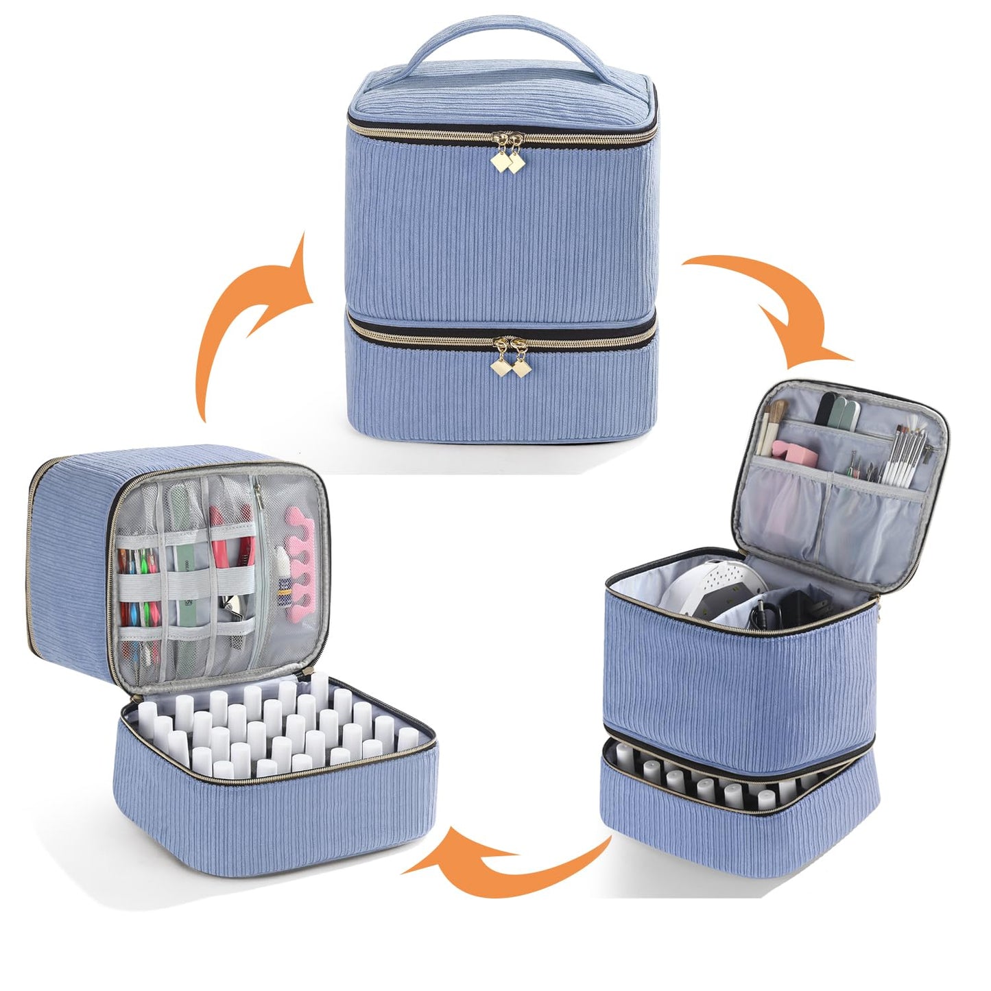 CTWWFS Corduroy Nail Polish Organizer and Nail Lamp Case, Nail Kit Organizer Holds 30 Bottles (15ml - 0.5 fl.oz) and a Nail Lamp, Nail Polish Carrying Case with Manicure Tools Storage Sections (Blue)