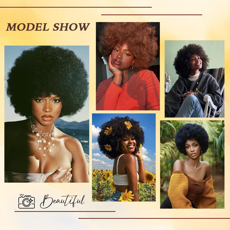 Rebecca Q Afro Human Hair Wigs 70s Short Afro Wig for Black Women Short Kinky Curly Glueless wig with Bangs for Daily Cosplay Party (Reddish Brown)