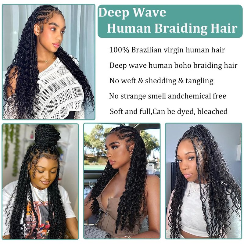 Human Braiding Hair for Boho Braids Human Hair Braiding No Weft Wet and Wavy Human Hair Braiding Hair Extensions For Boho Braids 2 Bundles 100g（20inch,Natural Black Deep Wave)